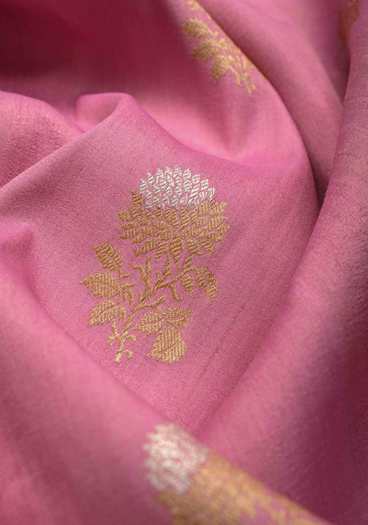 Rose Pink Banarasi Tussar Georgette Saree with Meenakari Floral Buttas and Zari Border | SILK MARK CERTIFIED