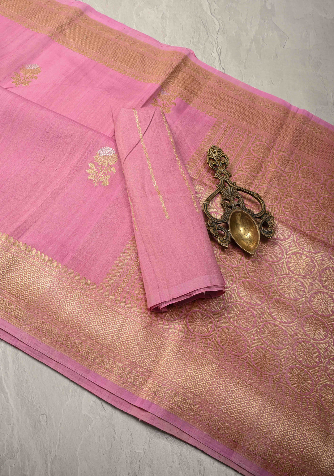 Rose Pink Banarasi Tussar Georgette Saree with Meenakari Floral Buttas and Zari Border | SILK MARK CERTIFIED