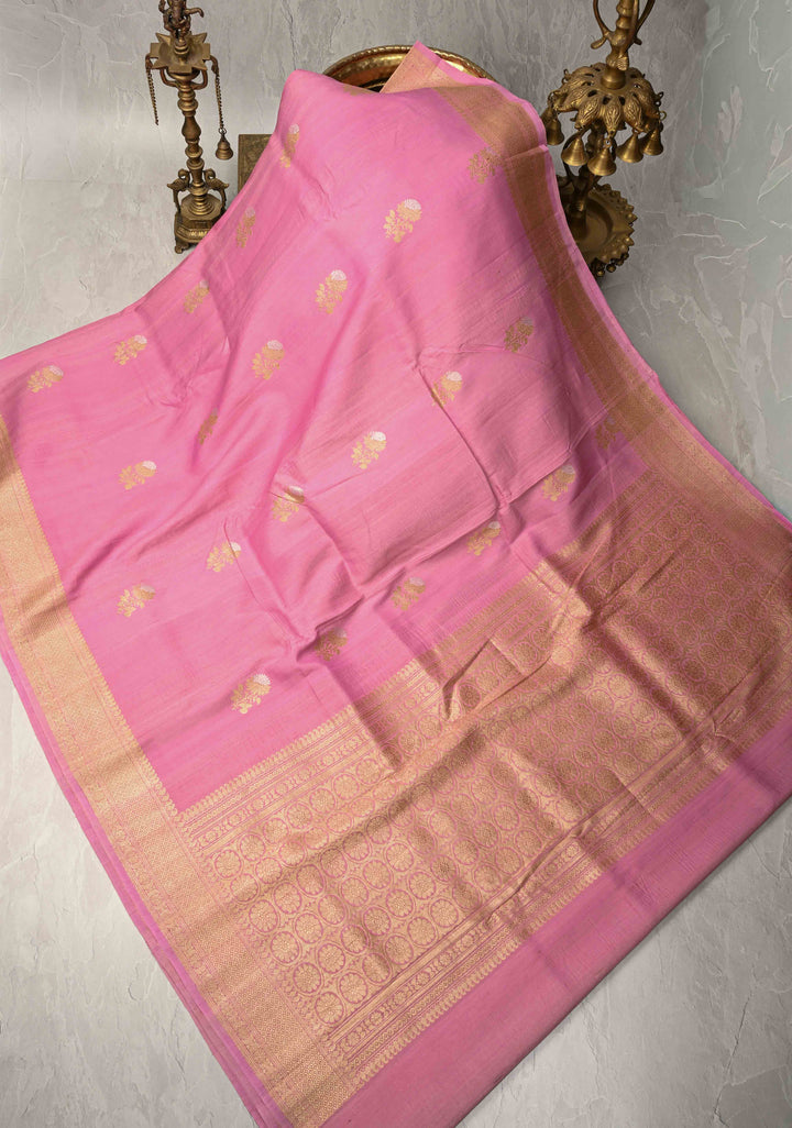 Rose Pink Banarasi Tussar Georgette Saree with Meenakari Floral Buttas and Zari Border | SILK MARK CERTIFIED
