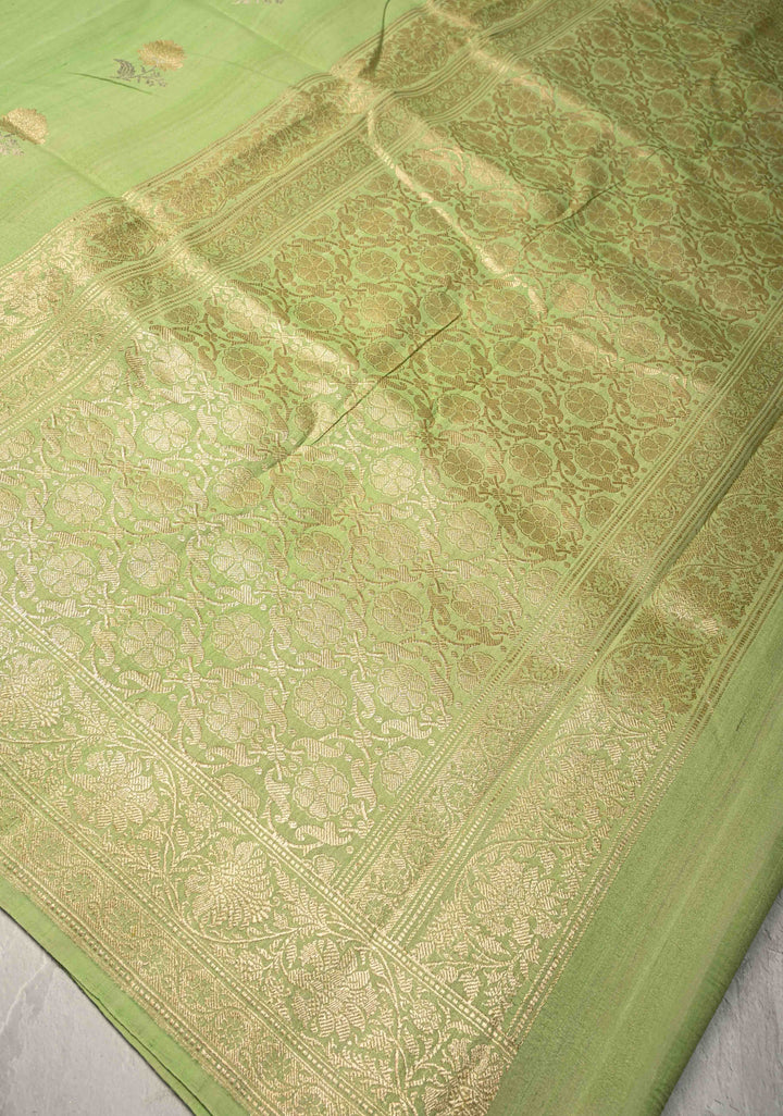 Pista Green Banarasi Tussar Georgette Saree with Meenakari Floral Buttas and Zari Border | SILK MARK CERTIFIED