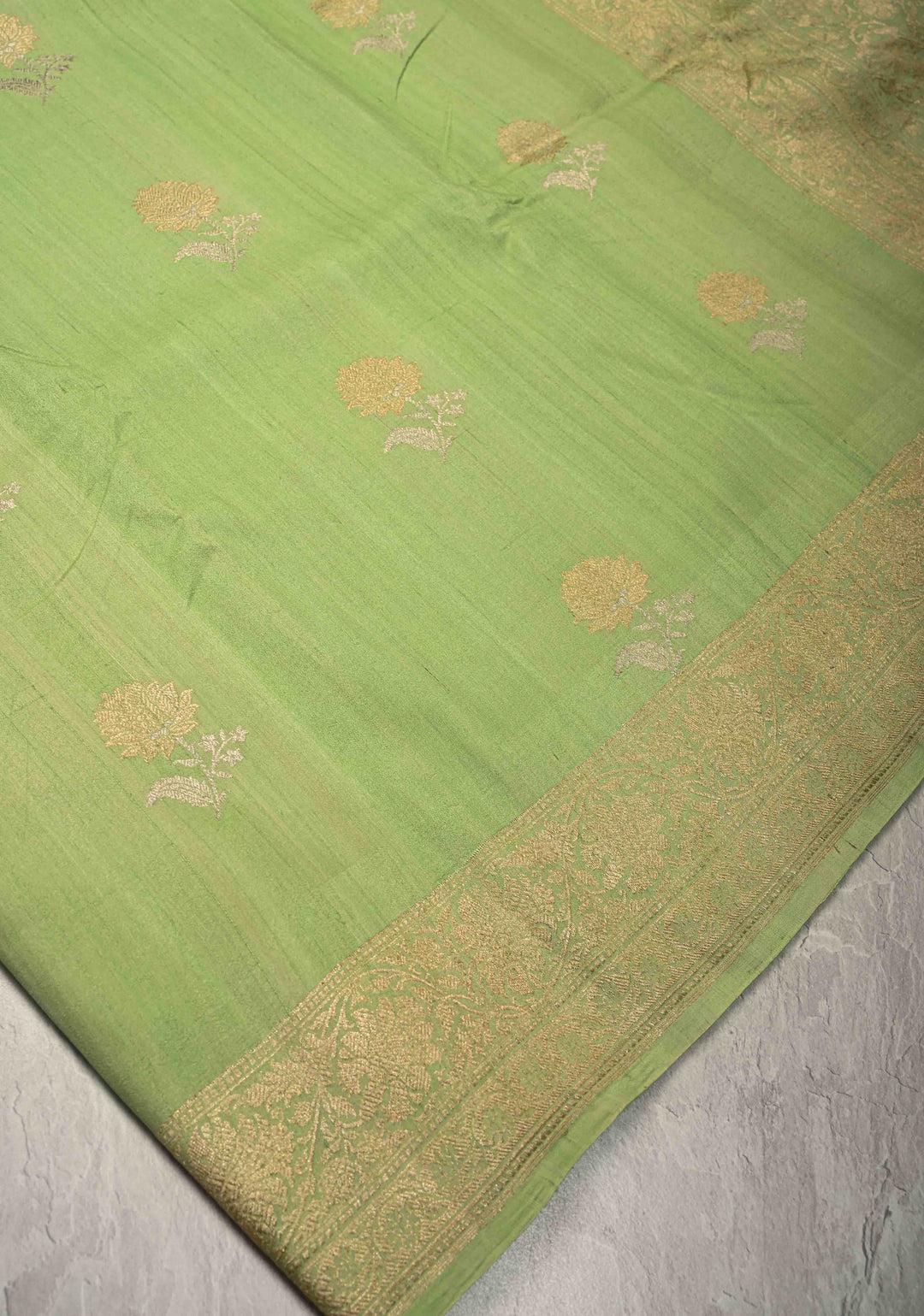 Pista Green Banarasi Tussar Georgette Saree with Meenakari Floral Buttas and Zari Border | SILK MARK CERTIFIED