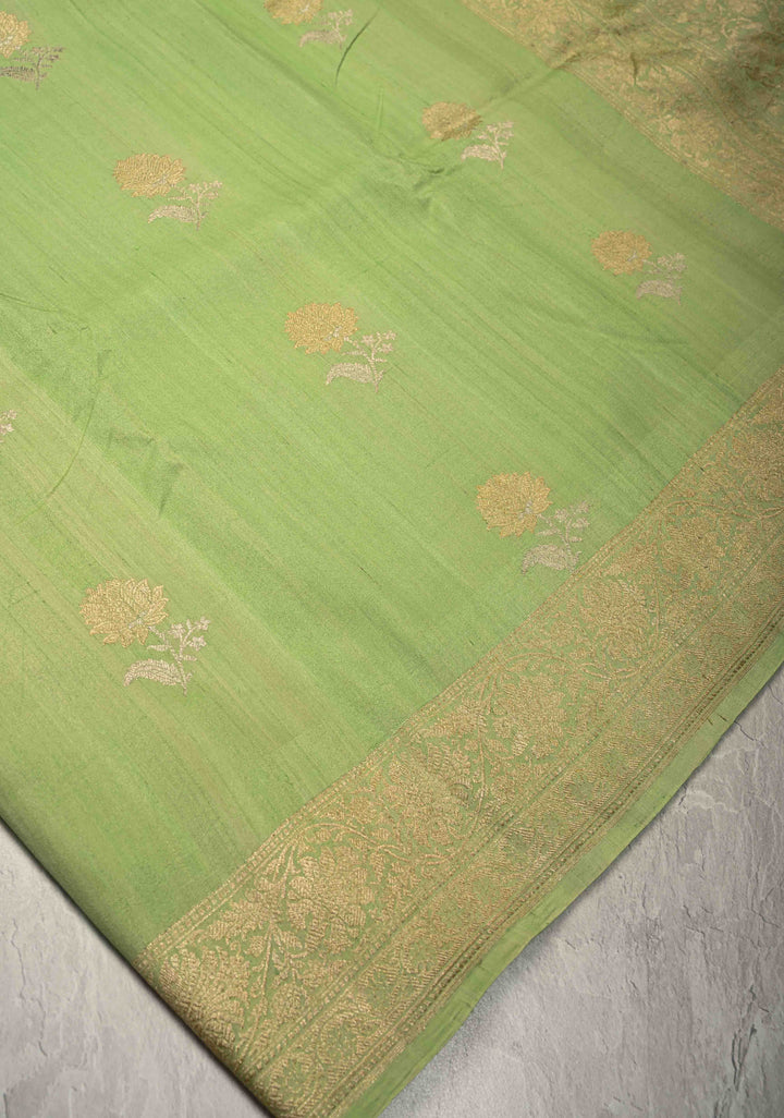 Pista Green Banarasi Tussar Georgette Saree with Meenakari Floral Buttas and Zari Border | SILK MARK CERTIFIED