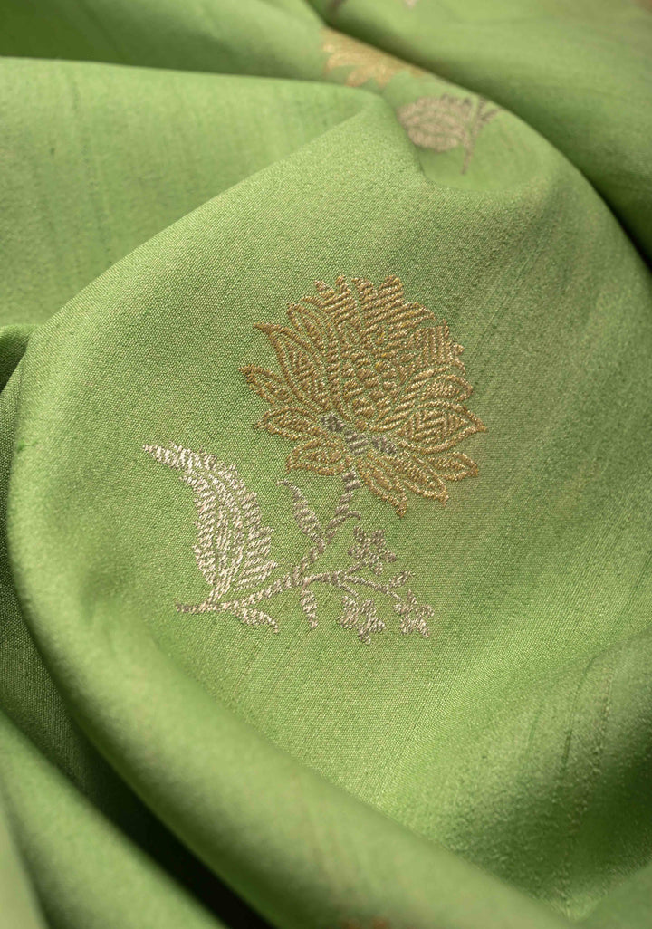 Pista Green Banarasi Tussar Georgette Saree with Meenakari Floral Buttas and Zari Border | SILK MARK CERTIFIED