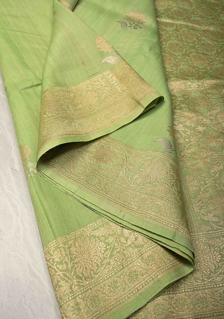Pista Green Banarasi Tussar Georgette Saree with Meenakari Floral Buttas and Zari Border | SILK MARK CERTIFIED