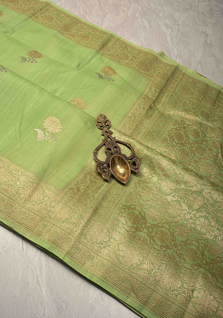 Pista Green Banarasi Tussar Georgette Saree with Meenakari Floral Buttas and Zari Border | SILK MARK CERTIFIED