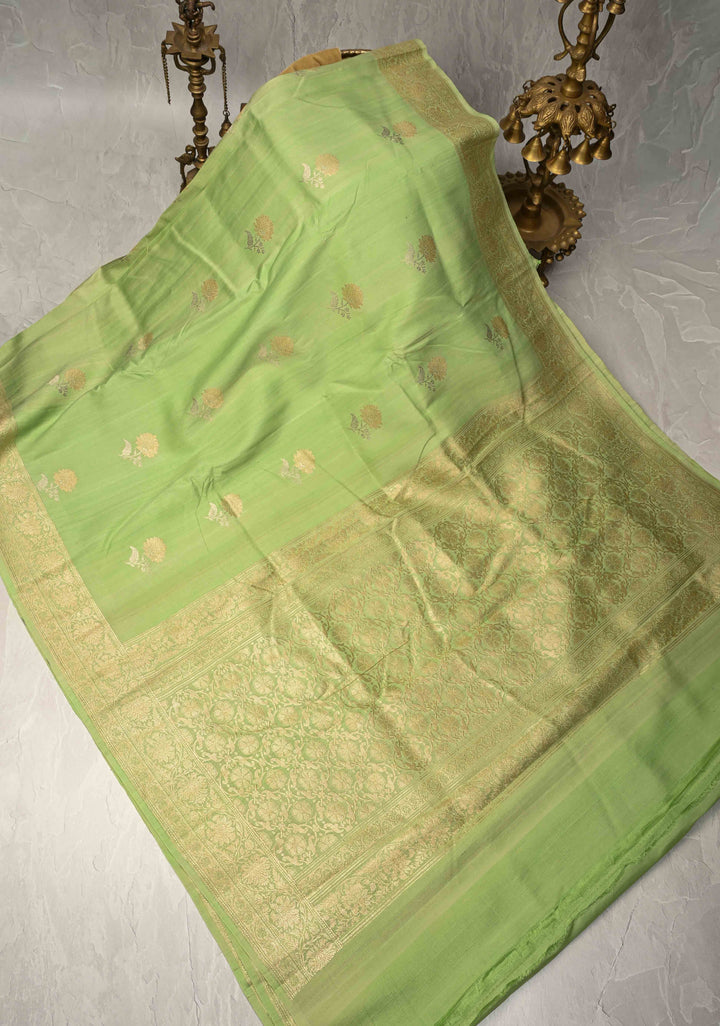 Pista Green Banarasi Tussar Georgette Saree with Meenakari Floral Buttas and Zari Border | SILK MARK CERTIFIED