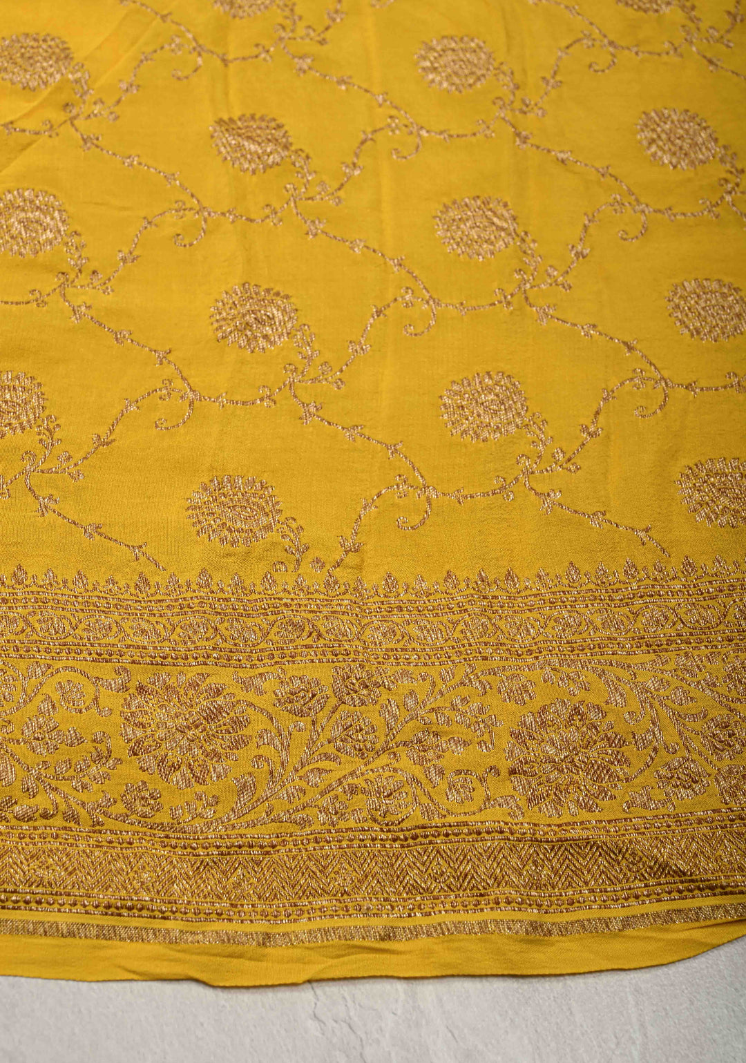 Exquisite Yellow Banarasi Georgette Silk Saree with Antique Zari Geometric Pattern and Zari Border | SILK MARK CERTIFIED