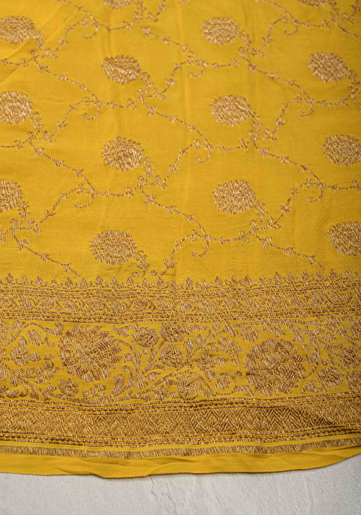Exquisite Yellow Banarasi Georgette Silk Saree with Antique Zari Geometric Pattern and Zari Border | SILK MARK CERTIFIED