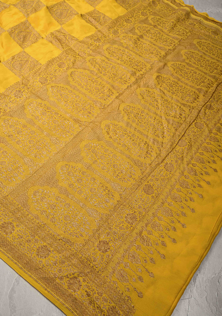 Exquisite Yellow Banarasi Georgette Silk Saree with Antique Zari Geometric Pattern and Zari Border | SILK MARK CERTIFIED