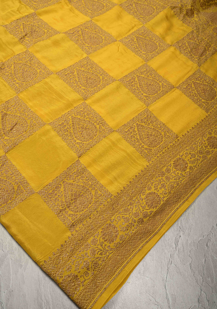 Exquisite Yellow Banarasi Georgette Silk Saree with Antique Zari Geometric Pattern and Zari Border | SILK MARK CERTIFIED