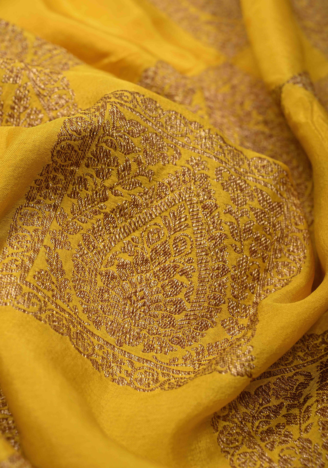 Exquisite Yellow Banarasi Georgette Silk Saree with Antique Zari Geometric Pattern and Zari Border | SILK MARK CERTIFIED
