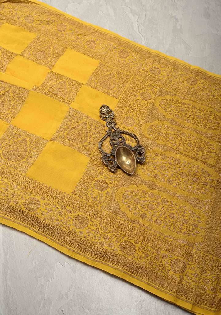 Exquisite Yellow Banarasi Georgette Silk Saree with Antique Zari Geometric Pattern and Zari Border | SILK MARK CERTIFIED
