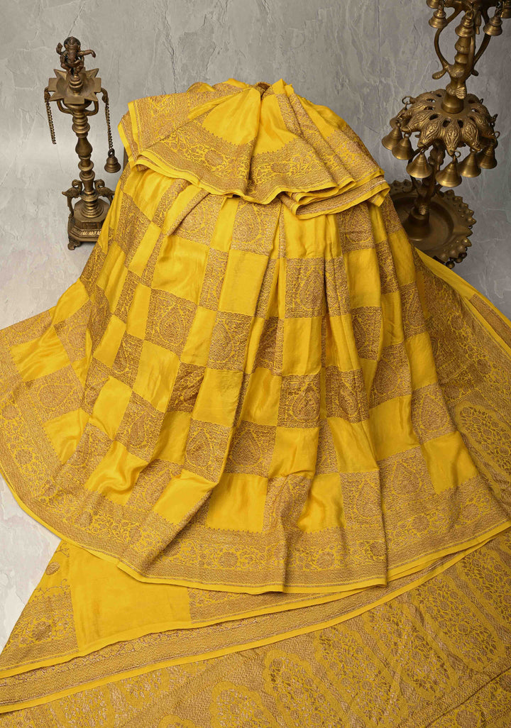Exquisite Yellow Banarasi Georgette Silk Saree with Antique Zari Geometric Pattern and Zari Border | SILK MARK CERTIFIED