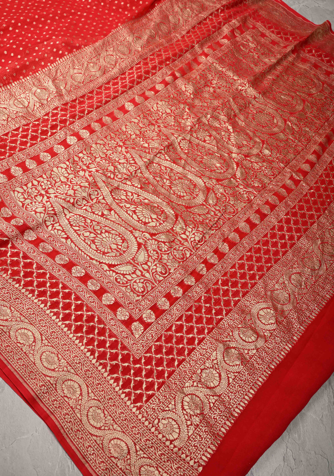 Red Banarasi Georgette Silk Saree with Floral Buttis and Zari Border | SILK MARK CERTIFIED