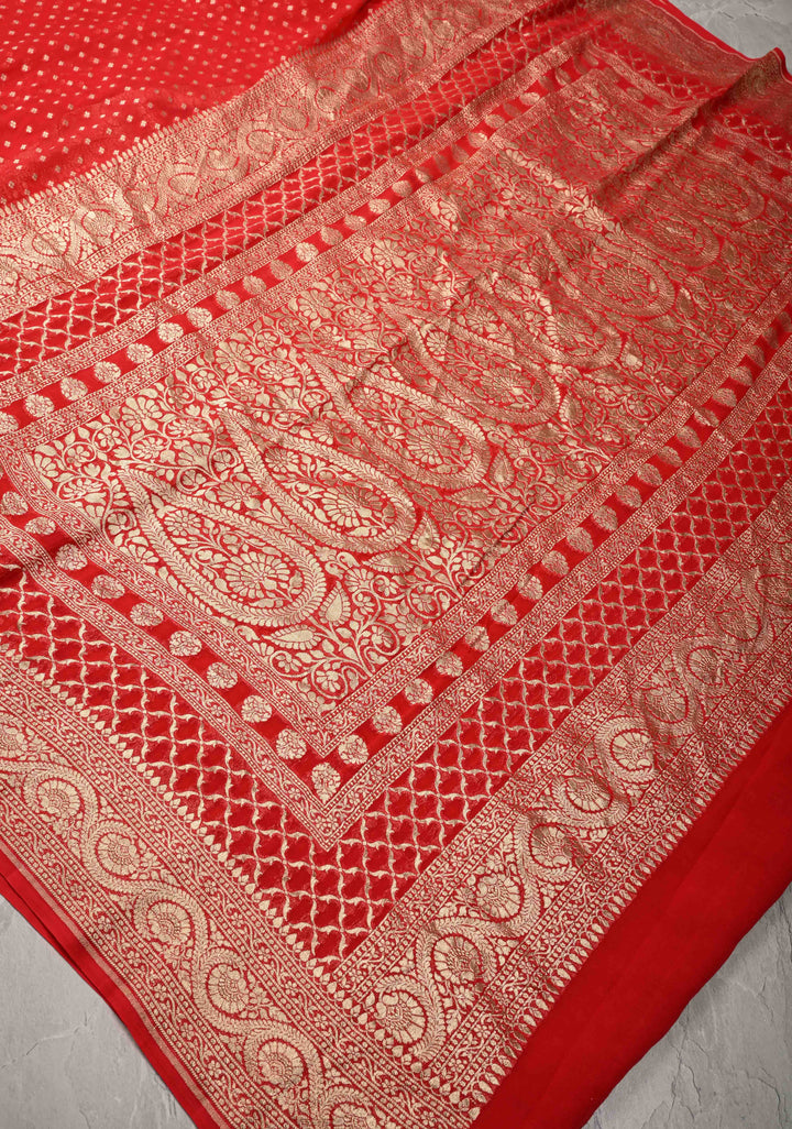 Red Banarasi Georgette Silk Saree with Floral Buttis and Zari Border | SILK MARK CERTIFIED