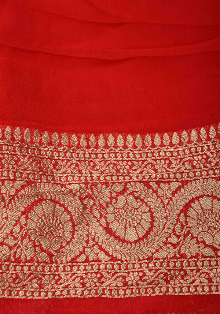 Red Banarasi Georgette Silk Saree with Floral Buttis and Zari Border | SILK MARK CERTIFIED