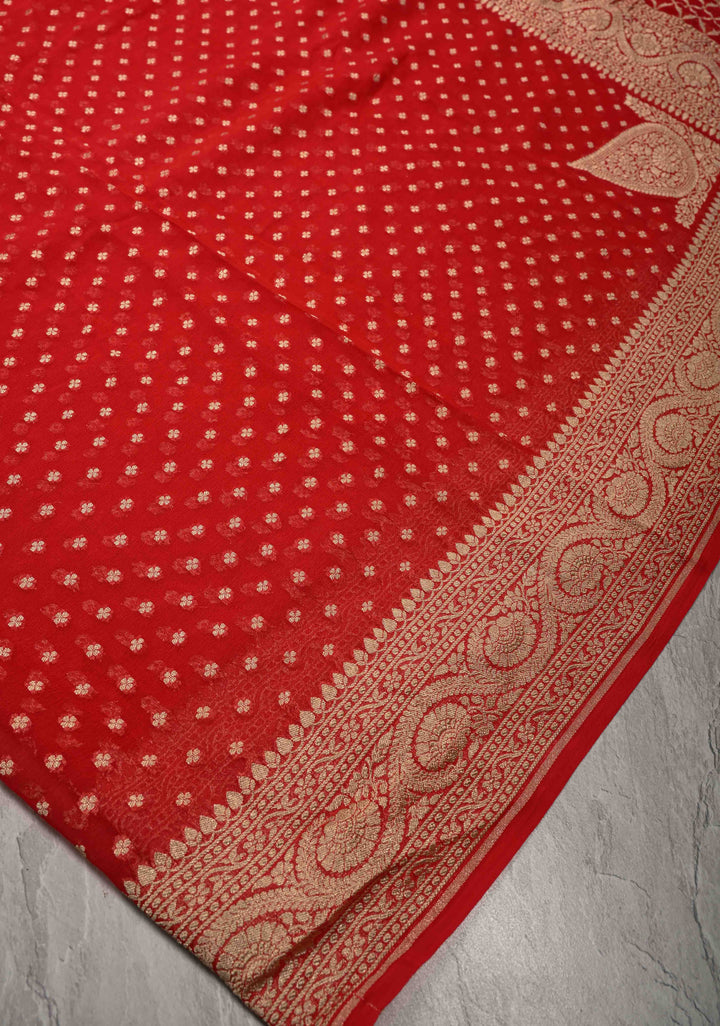 Red Banarasi Georgette Silk Saree with Floral Buttis and Zari Border | SILK MARK CERTIFIED