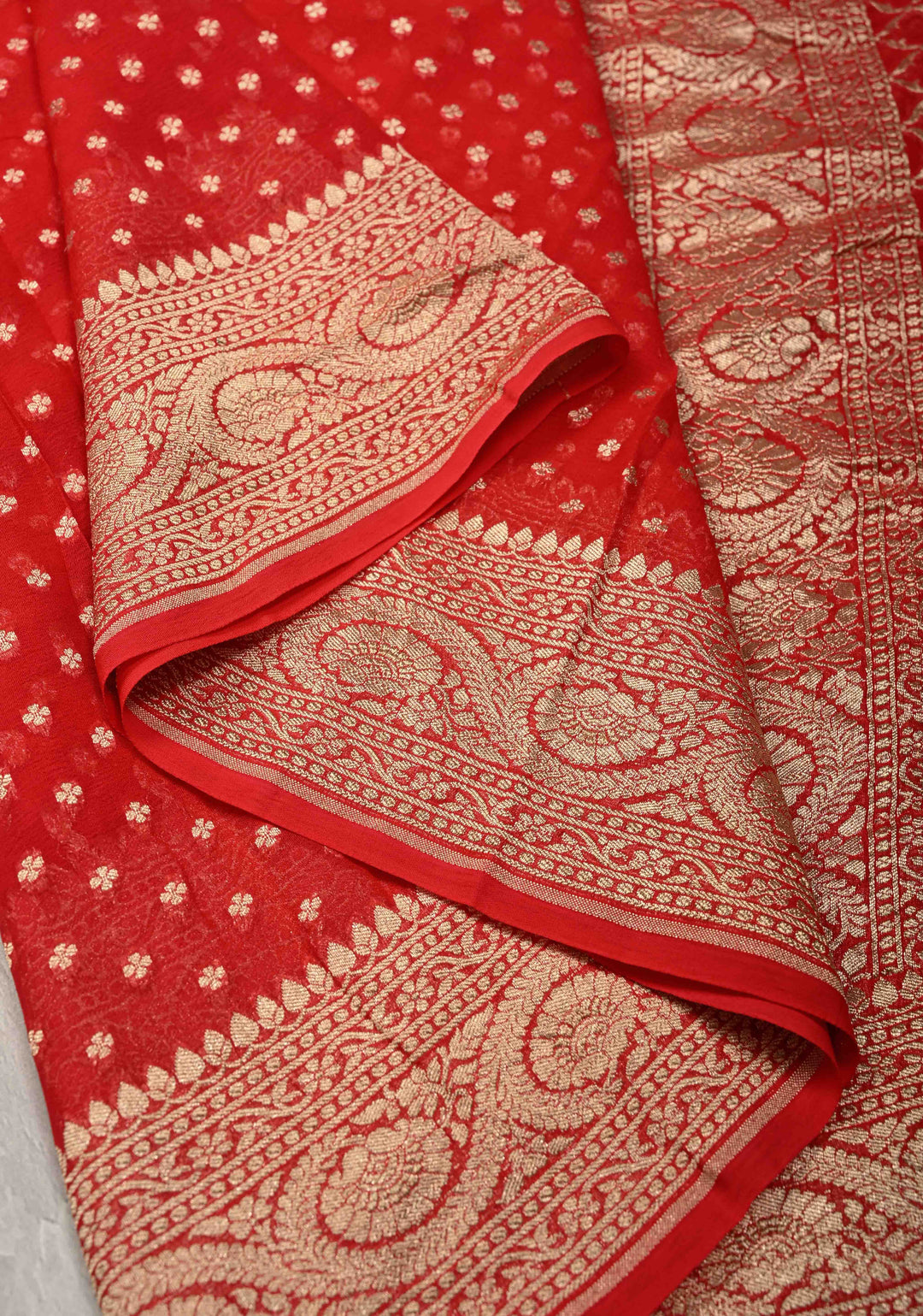 Red Banarasi Georgette Silk Saree with Floral Buttis and Zari Border | SILK MARK CERTIFIED