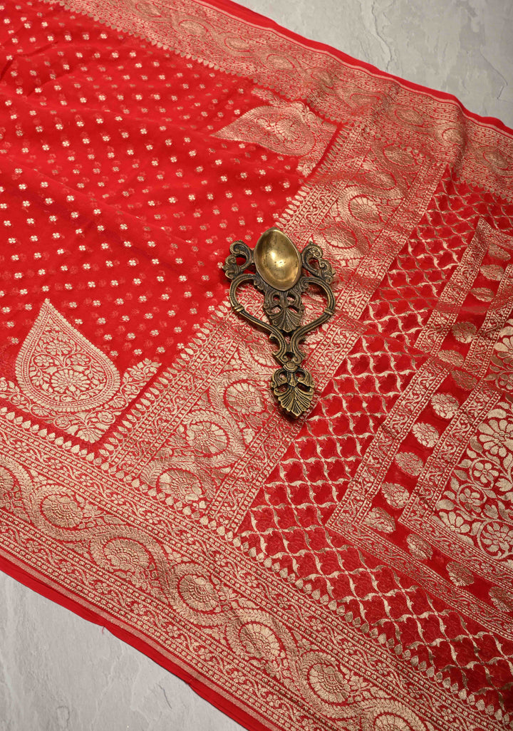 Red Banarasi Georgette Silk Saree with Floral Buttis and Zari Border | SILK MARK CERTIFIED