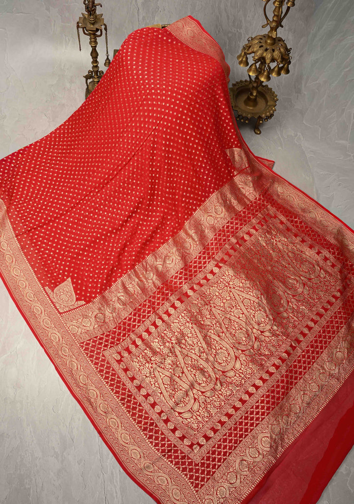 Red Banarasi Georgette Silk Saree with Floral Buttis and Zari Border | SILK MARK CERTIFIED