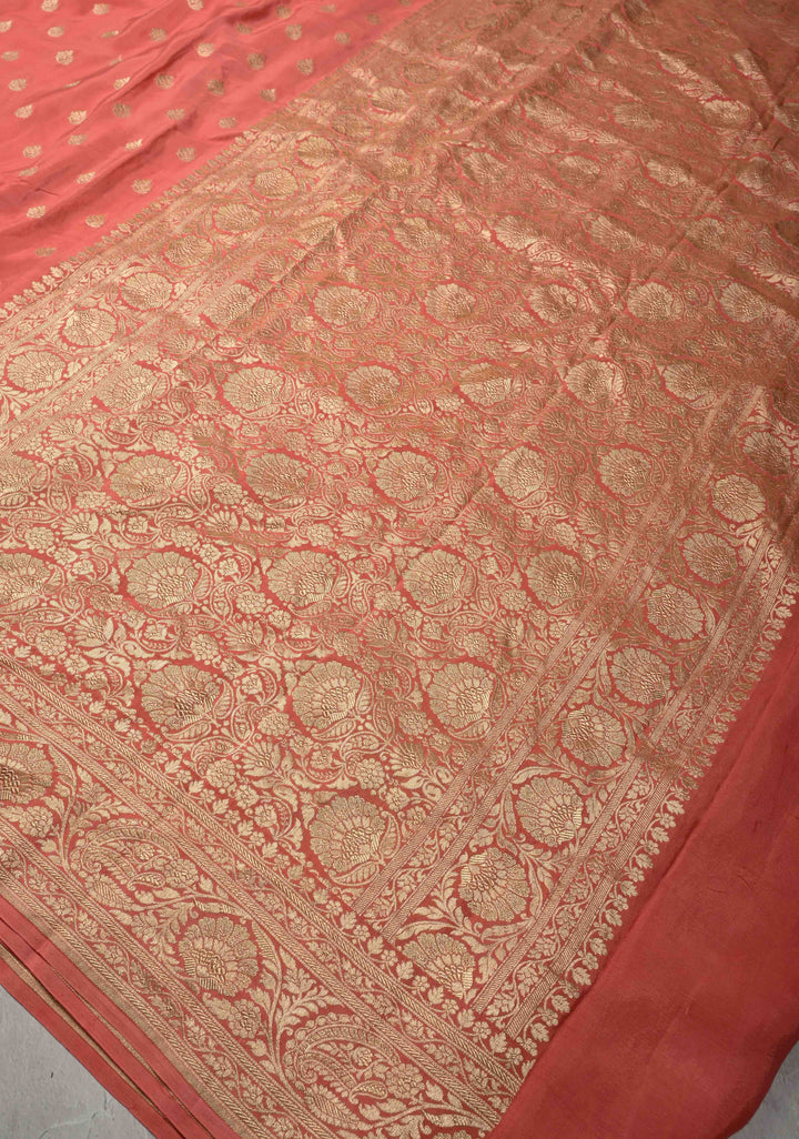 Salmon Pink Pure Mysore Crepe Silk Saree with Floral Brocade Zari Border | SILK MARK CERTIFIED