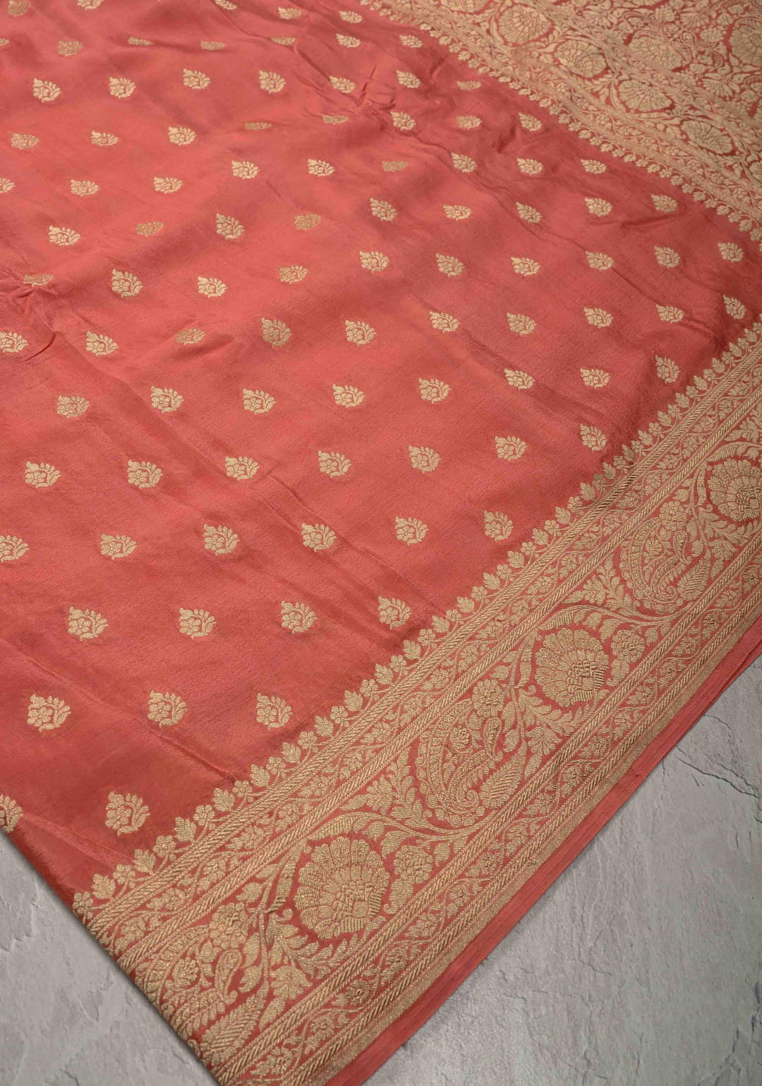 Salmon Pink Pure Mysore Crepe Silk Saree with Floral Brocade Zari Border | SILK MARK CERTIFIED