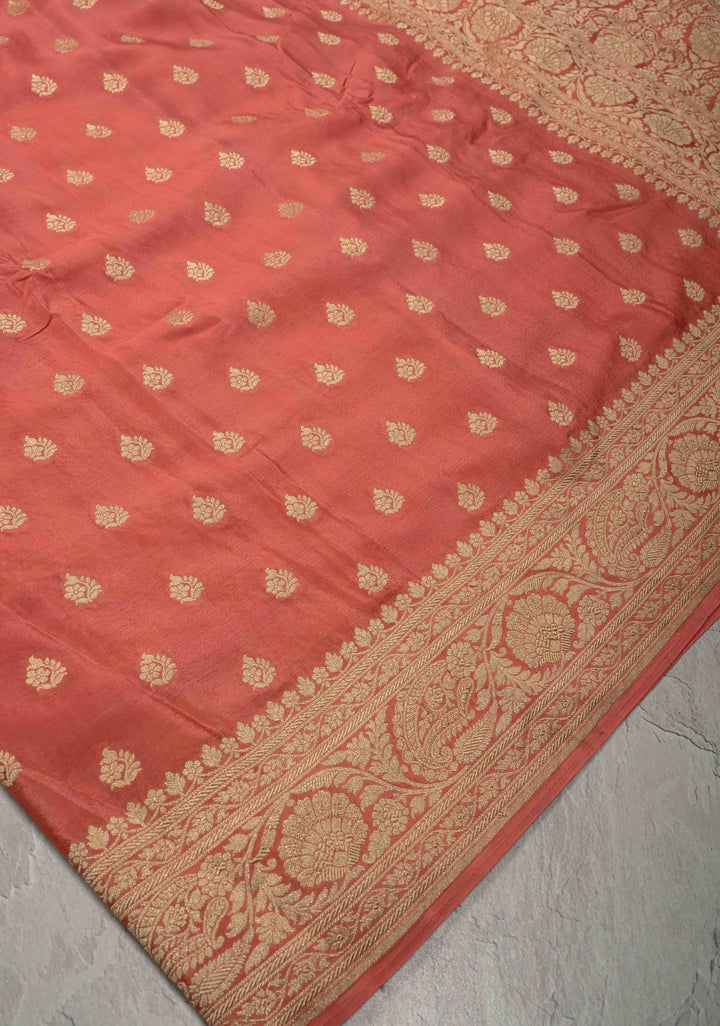 Salmon Pink Pure Mysore Crepe Silk Saree with Floral Brocade Zari Border | SILK MARK CERTIFIED