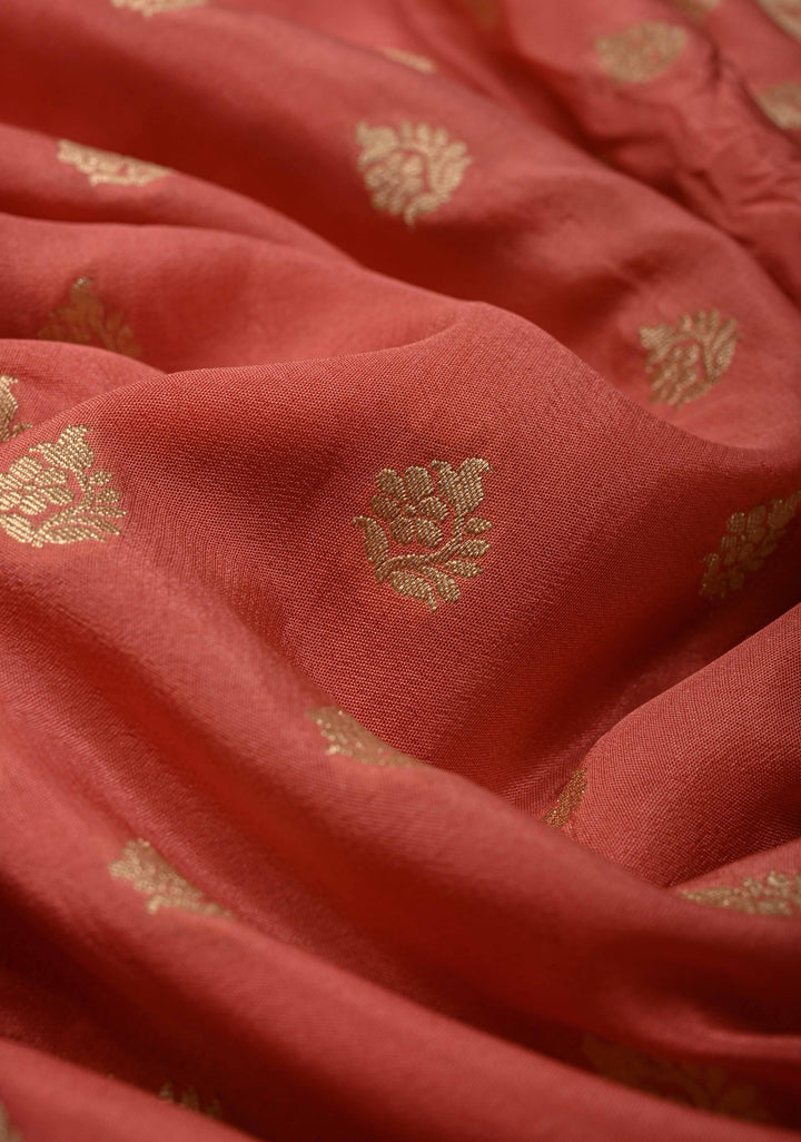 Salmon Pink Pure Mysore Crepe Silk Saree with Floral Brocade Zari Border | SILK MARK CERTIFIED