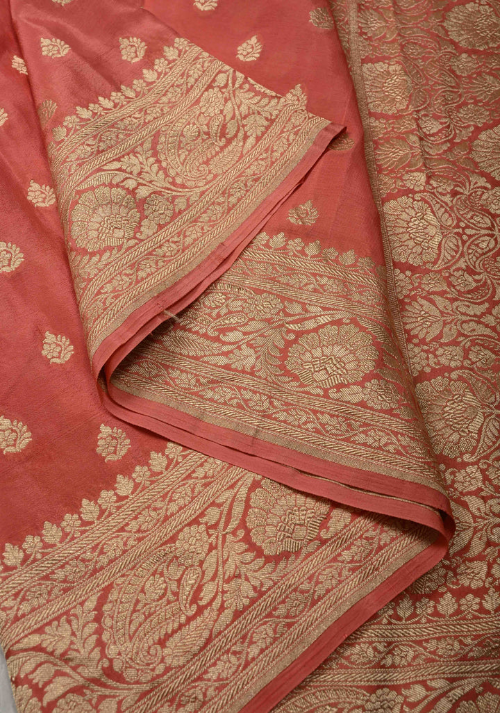 Salmon Pink Pure Mysore Crepe Silk Saree with Floral Brocade Zari Border | SILK MARK CERTIFIED
