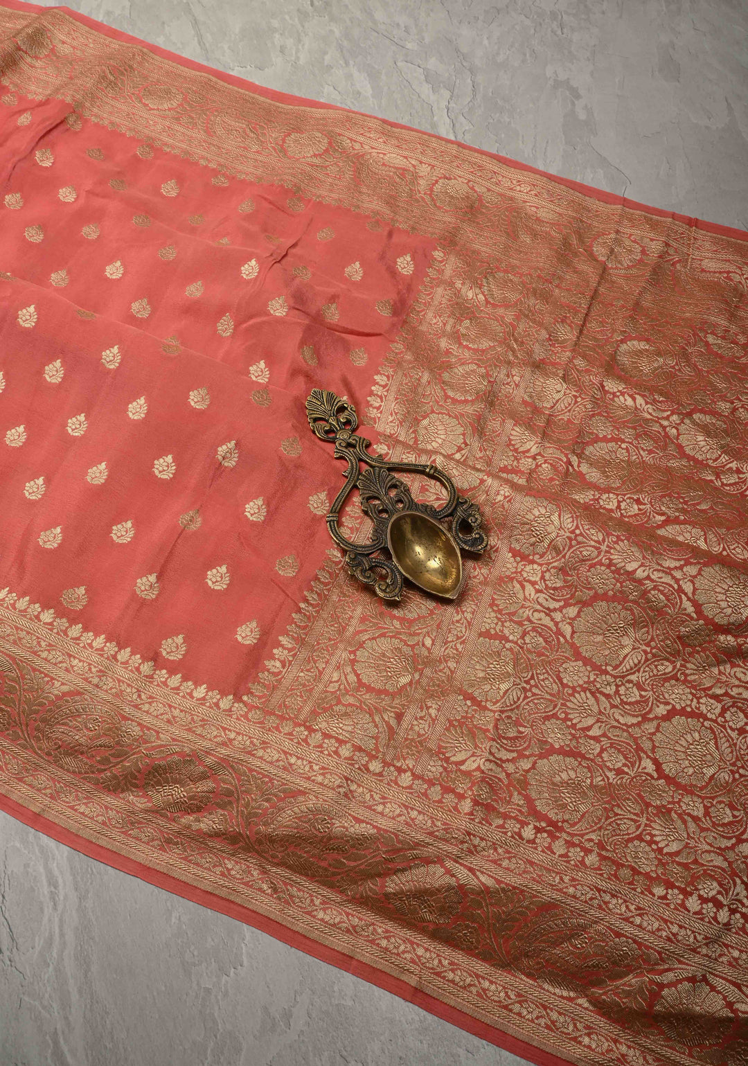 Salmon Pink Pure Mysore Crepe Silk Saree with Floral Brocade Zari Border | SILK MARK CERTIFIED