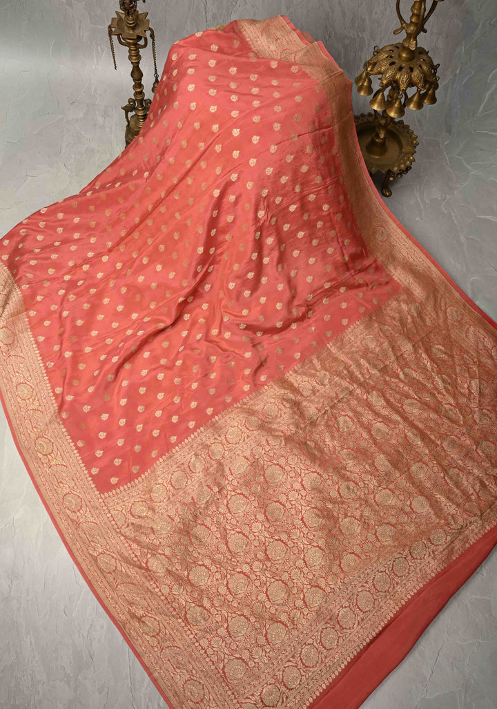Salmon Pink Pure Mysore Crepe Silk Saree with Floral Brocade Zari Border | SILK MARK CERTIFIED
