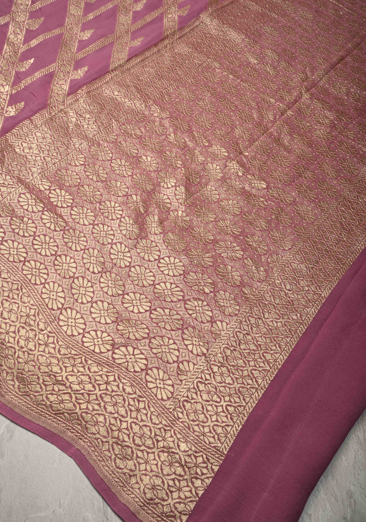 Onion Pink Banarasi Georgette Silk Saree with Geometric Design and Zari Border | SILK MARK CERTIFIED