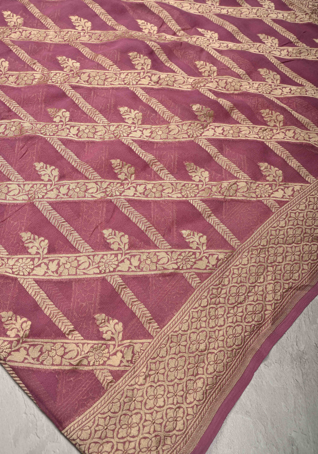 Onion Pink Banarasi Georgette Silk Saree with Geometric Design and Zari Border | SILK MARK CERTIFIED