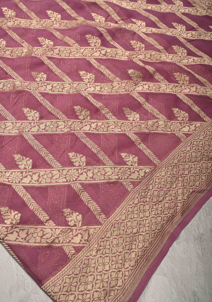 Onion Pink Banarasi Georgette Silk Saree with Geometric Design and Zari Border | SILK MARK CERTIFIED