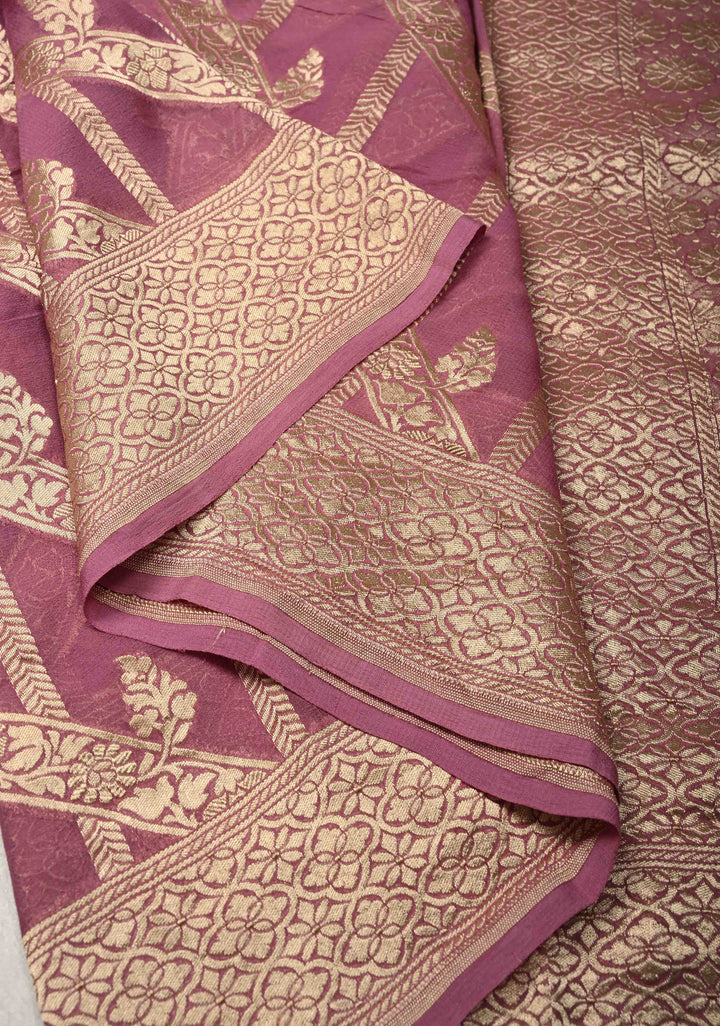 Onion Pink Banarasi Georgette Silk Saree with Geometric Design and Zari Border | SILK MARK CERTIFIED