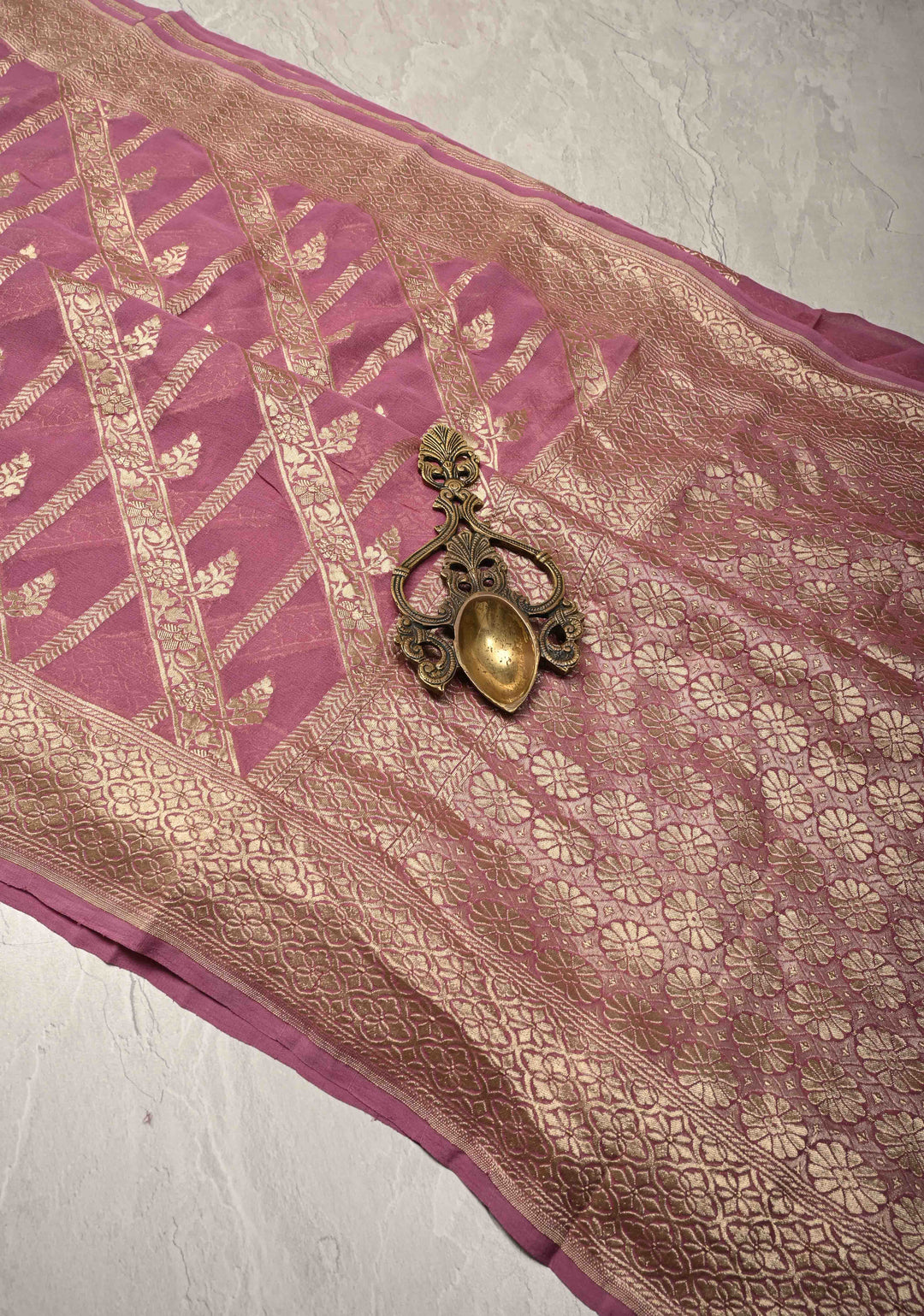 Onion Pink Banarasi Georgette Silk Saree with Geometric Design and Zari Border | SILK MARK CERTIFIED