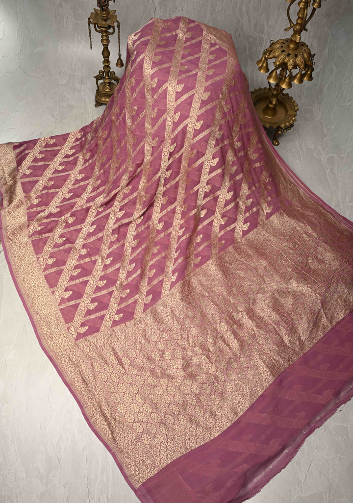 Onion Pink Banarasi Georgette Silk Saree with Geometric Design and Zari Border | SILK MARK CERTIFIED
