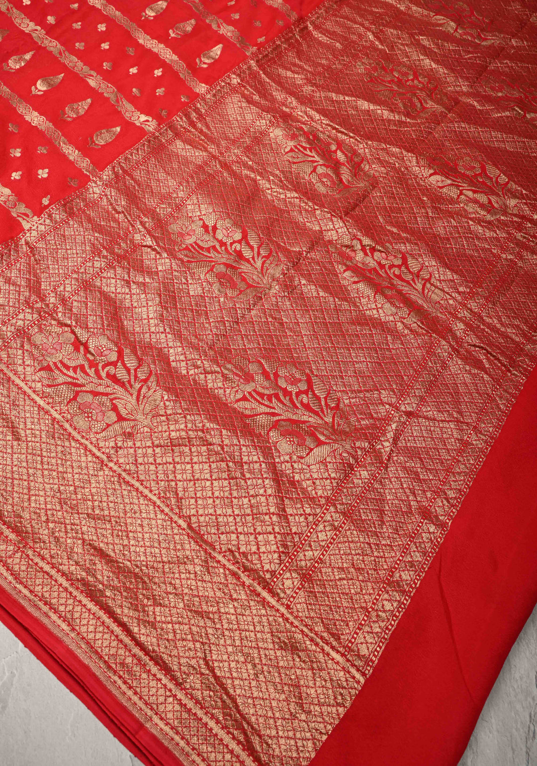 Red Banarasi Horizontal Stripes Georgette Silk Saree with Floral Butta and Zari Border | SILK MARK CERTIFIED