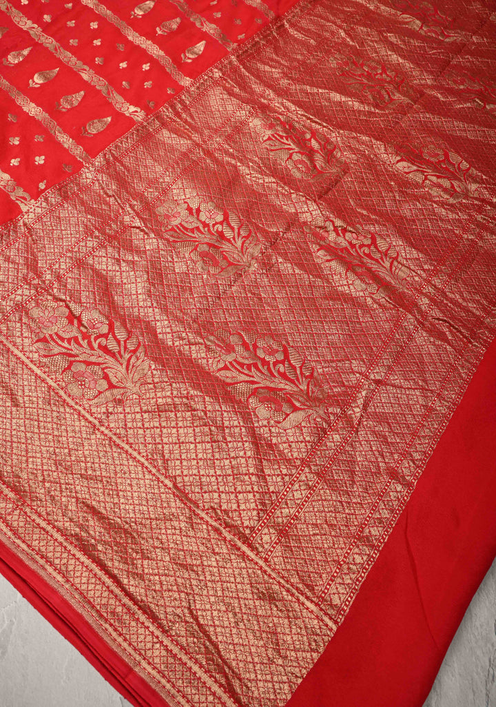 Red Banarasi Horizontal Stripes Georgette Silk Saree with Floral Butta and Zari Border | SILK MARK CERTIFIED