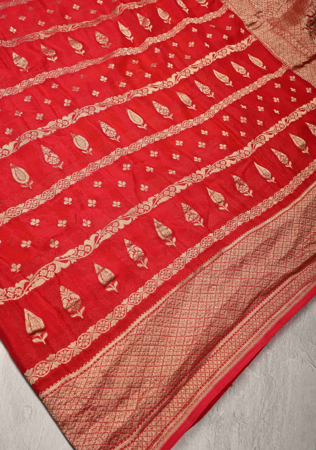 Red Banarasi Horizontal Stripes Georgette Silk Saree with Floral Butta and Zari Border | SILK MARK CERTIFIED