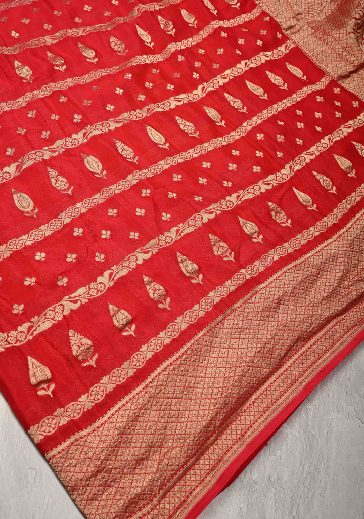 Red Banarasi Horizontal Stripes Georgette Silk Saree with Floral Butta and Zari Border | SILK MARK CERTIFIED