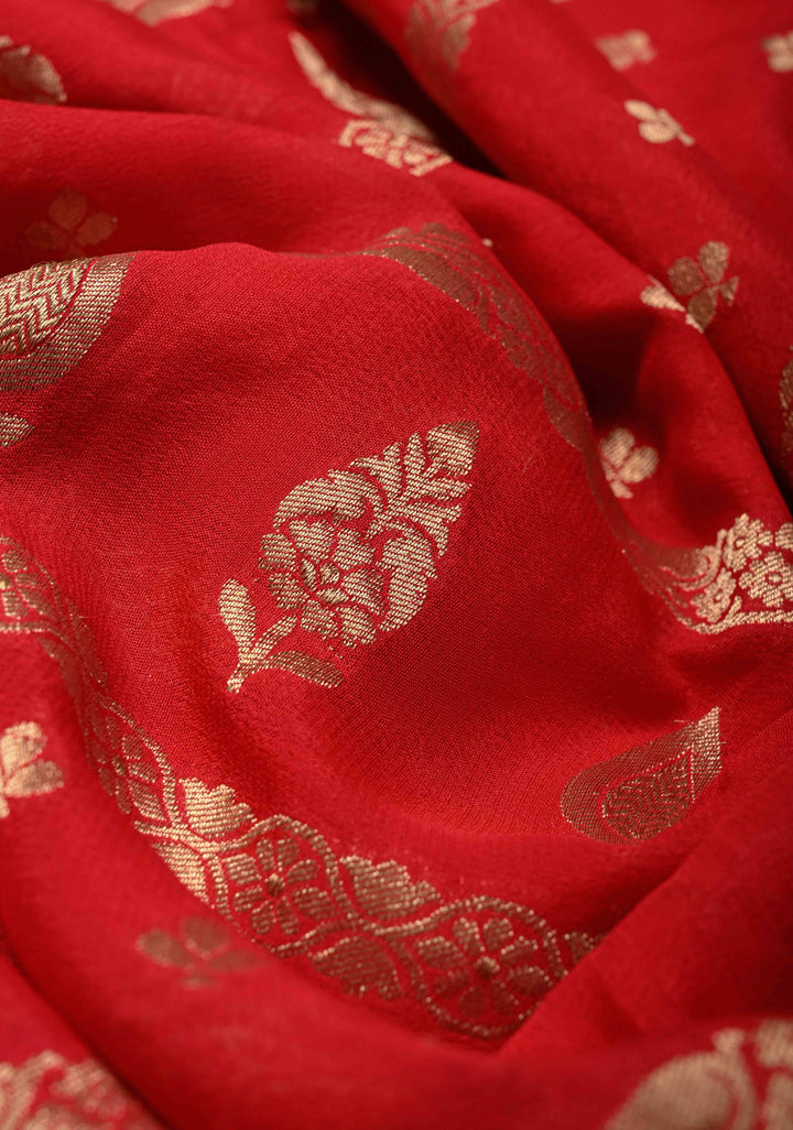 Red Banarasi Horizontal Stripes Georgette Silk Saree with Floral Butta and Zari Border | SILK MARK CERTIFIED