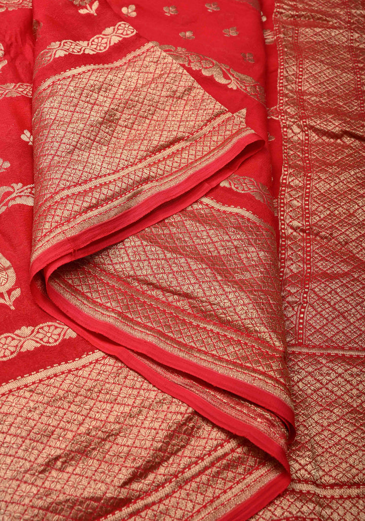 Red Banarasi Horizontal Stripes Georgette Silk Saree with Floral Butta and Zari Border | SILK MARK CERTIFIED