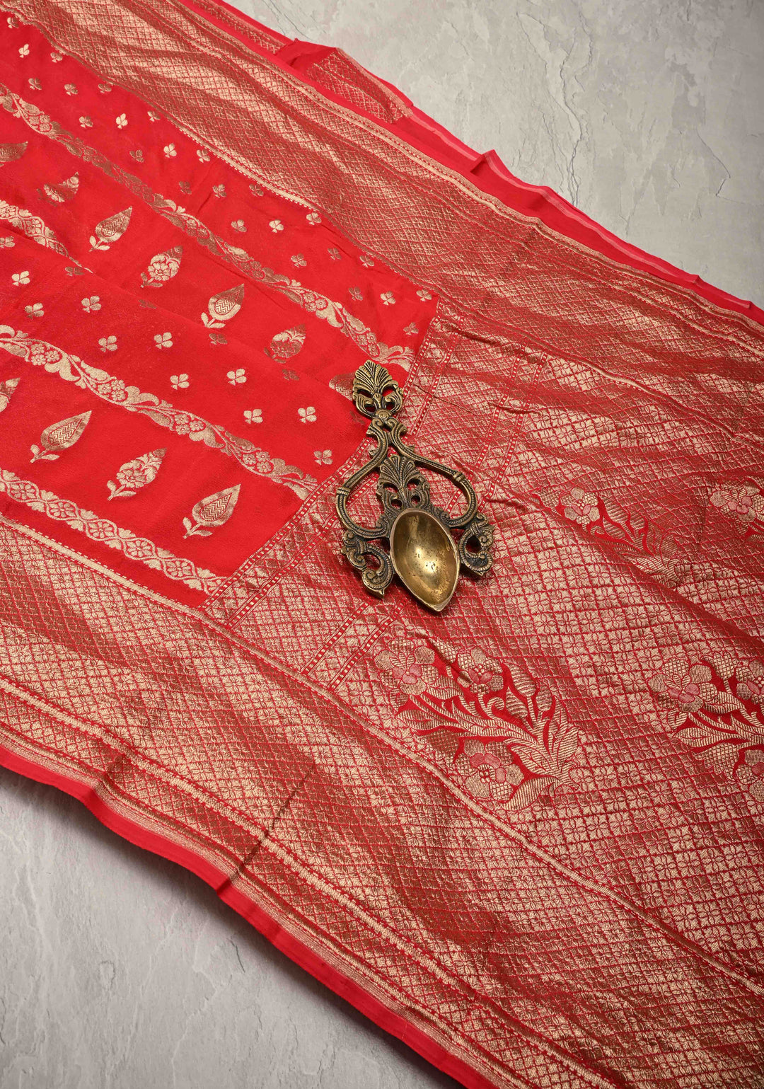 Red Banarasi Horizontal Stripes Georgette Silk Saree with Floral Butta and Zari Border | SILK MARK CERTIFIED