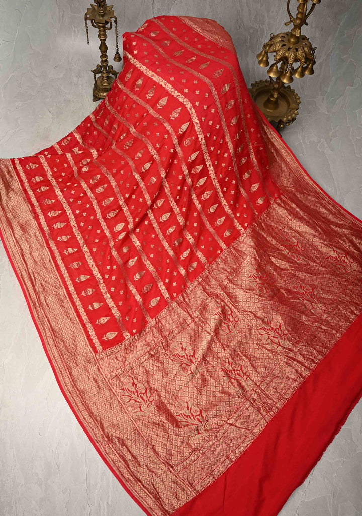 Red Banarasi Horizontal Stripes Georgette Silk Saree with Floral Butta and Zari Border | SILK MARK CERTIFIED