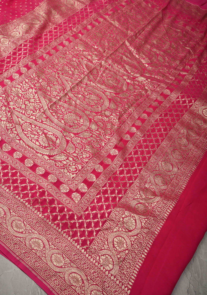 Rani Pink Banarasi Georgette Silk Saree with Floral Buttis and Zari Border | SILK MARK CERTIFIED