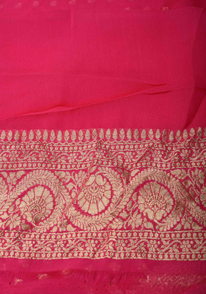 Rani Pink Banarasi Georgette Silk Saree with Floral Buttis and Zari Border | SILK MARK CERTIFIED