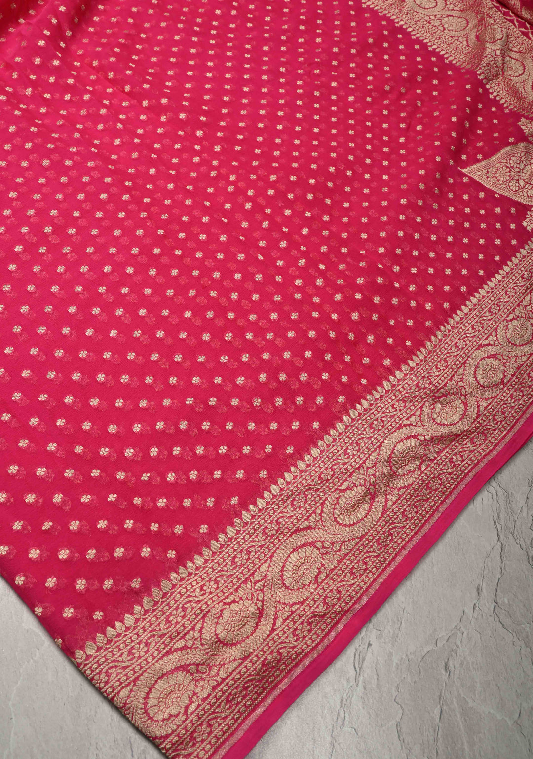 Rani Pink Banarasi Georgette Silk Saree with Floral Buttis and Zari Border | SILK MARK CERTIFIED