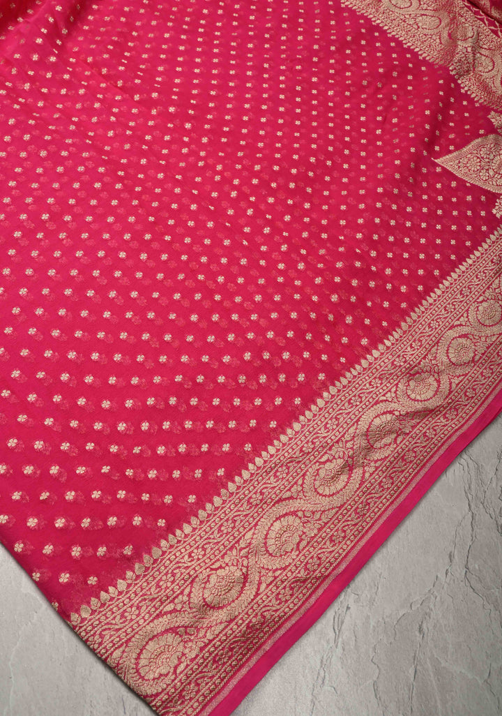 Rani Pink Banarasi Georgette Silk Saree with Floral Buttis and Zari Border | SILK MARK CERTIFIED