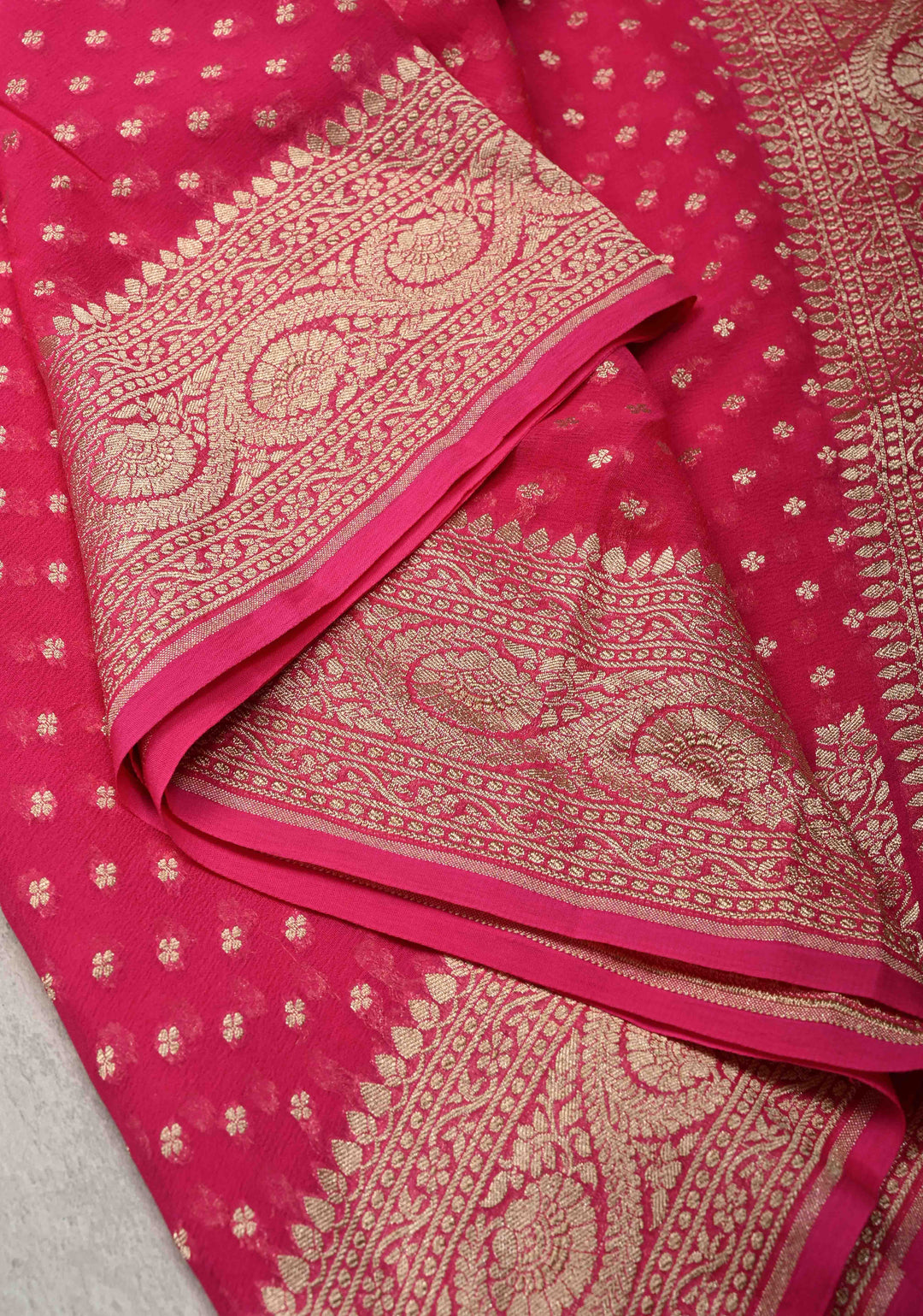 Rani Pink Banarasi Georgette Silk Saree with Floral Buttis and Zari Border | SILK MARK CERTIFIED